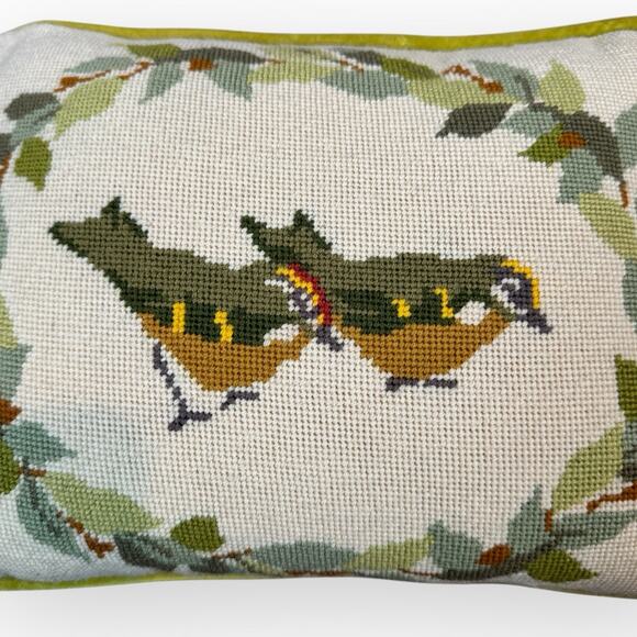 Bird Floral Needlepoint Throw Pillow 10x13” Yellow Velvet Cottagecore Vintage - Picture 3 of 5